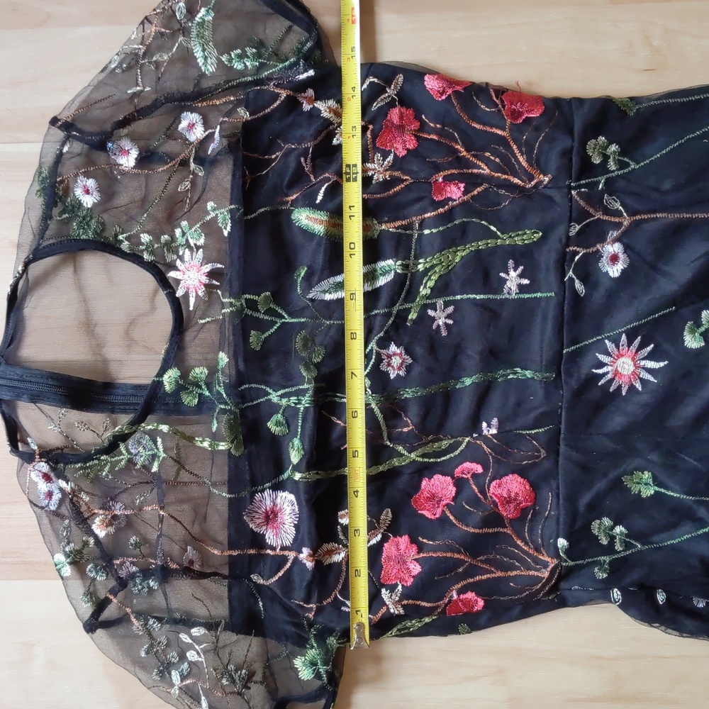 NEW Embroidered Mini Dress, S, black floral, mesh, lined, zip up, formal, sheer - Picture 8 of 16